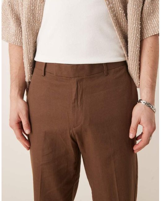 ASOS Natural Smart Tapered Fit Linen Blend Trousers for men