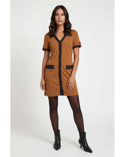 Wallis Brown Petite Ponte Contrast Button Shift Dress