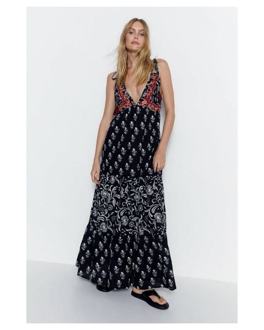 Warehouse Blue Paisley Mixed Print Embroidered Tassel Tie Maxi Dress