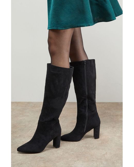 Oasis Black Kora Faux Suede High Block Heel Pointed Knee Boots