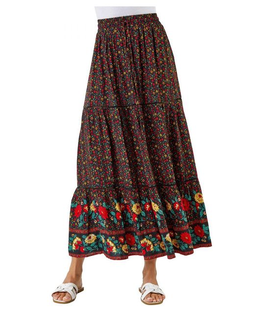 Roman Brown Tiered Floral Print Maxi Skirt