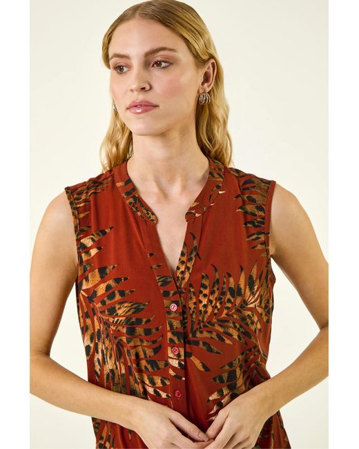 Roman Brown Leaf Print Tie Front Top