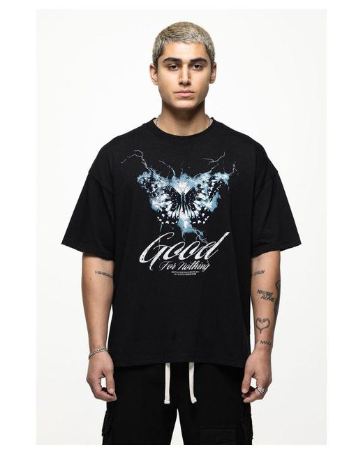 Good For Nothing Black Oversized Cotton T-shirt With Graphic Lightning Print for men