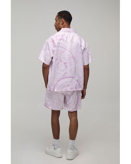 BoohooMAN Purple Oversized Short Sleeve Water Print Satin Shirt & Set for men