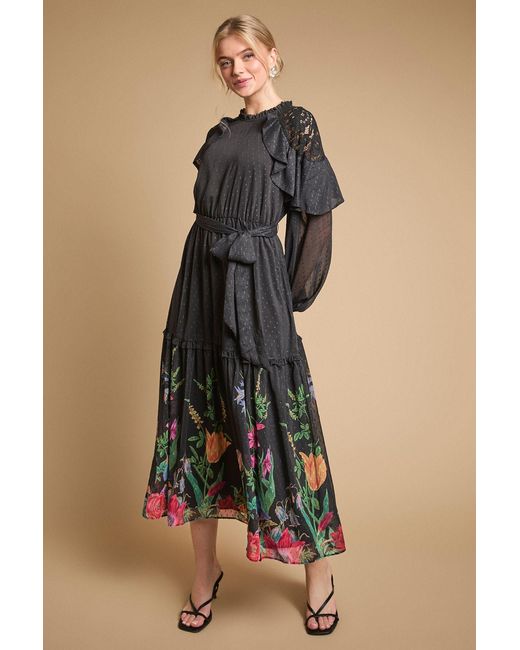 Oasis Blue Printed Chiffon Cape Detail Belted Waist Midi Dress