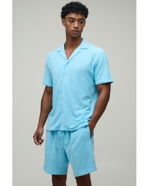 BoohooMAN Blue Towelling Regular Fit Revere Shirt & Relaxed Shorts Set for men