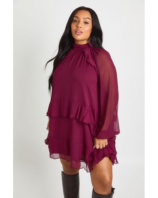 Boohoo Red Plus Chiffon Ruffle Smock Dress