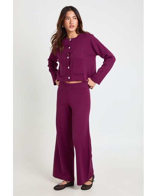 Boohoo Purple Petite Pocket Detail Crew Neck Knitted Cardigan And Wide Leg Trouser