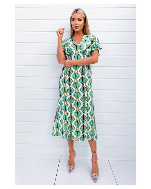 AX Paris Multicolor Multi Print V Neck Tie Detail Short Sleeve Midi Dress