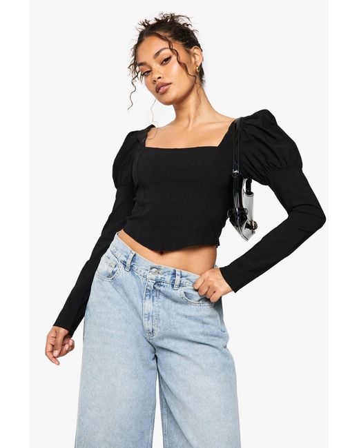 Boohoo Black Bengaline Puff Sleeve Square Neck Top