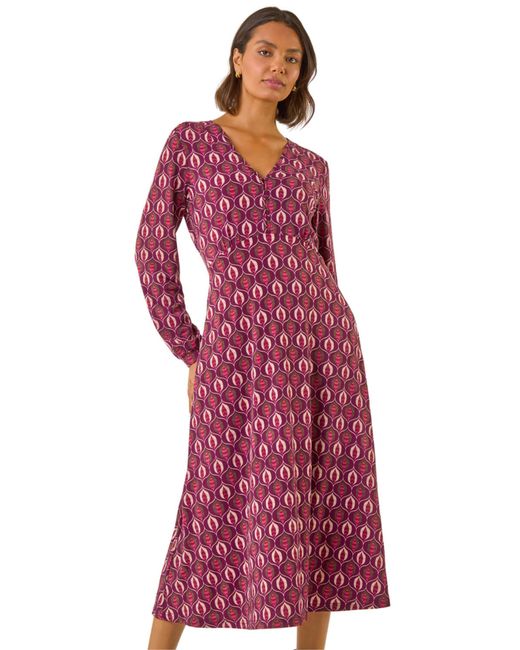 Roman Red Geo Print V-Neck Stretch Midi Dress