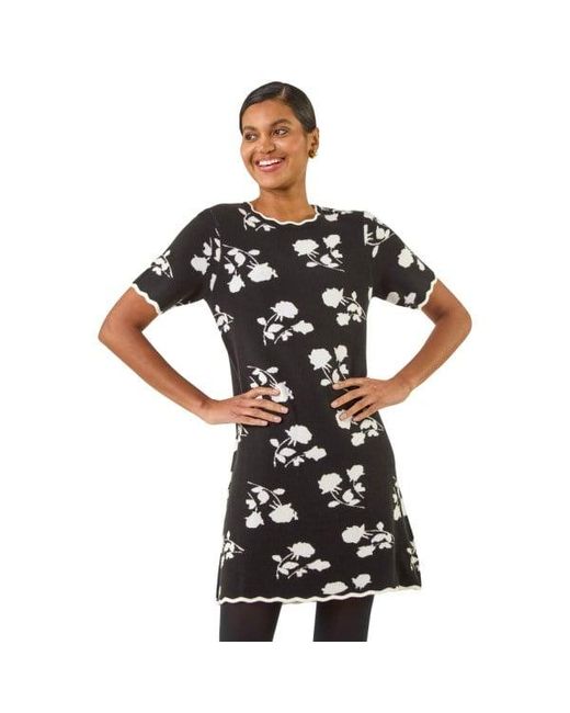 Roman Black Floral Print Scallop Knitted Dress