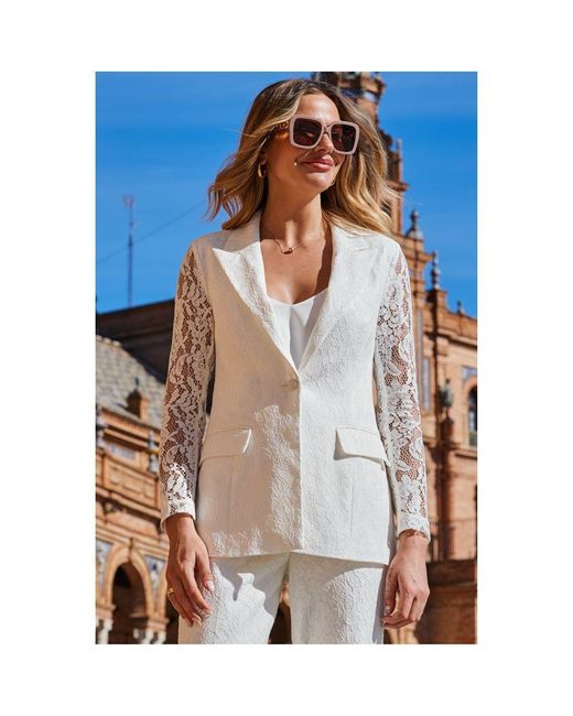 Sosandar Brown Ivory Premium Lace Detail Blazer