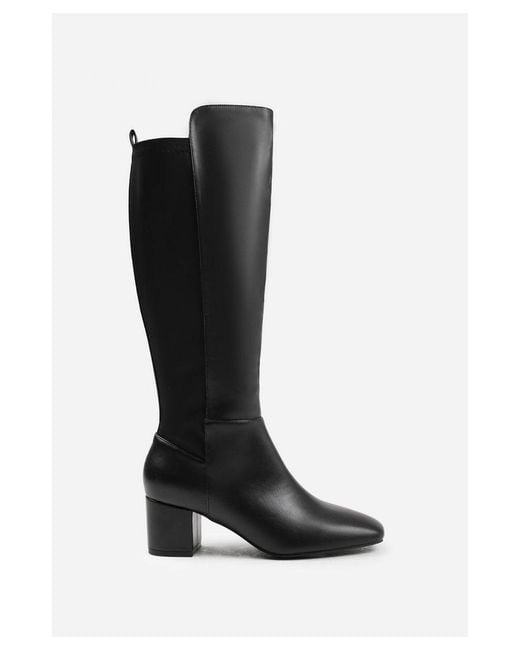 Where's That From Black Wheres 'Cherish' Stretch Wide Calf Block Heel Knee High Boots With Side Zip