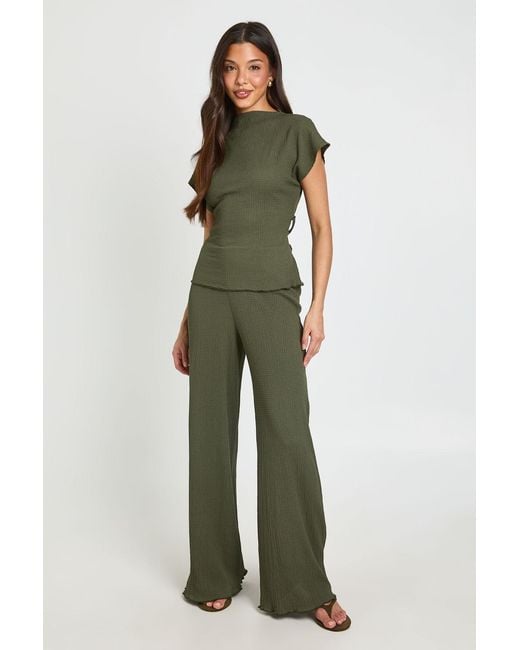 Boohoo Green Crinkle Tie Back Top Wide Leg Trouser Co Ord