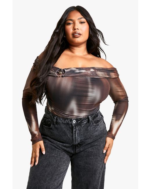 Boohoo Black Plus Abstract Bardot Ring Detail One Piece