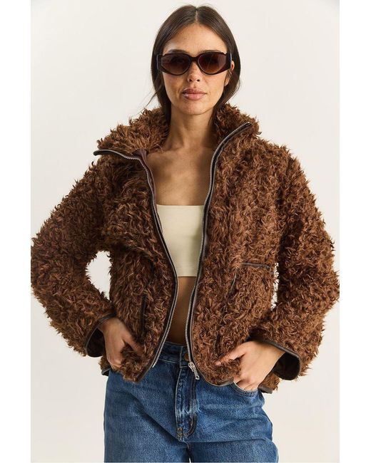 Bianco Lucci Brown Faux Leather Detailed Plush Jacket