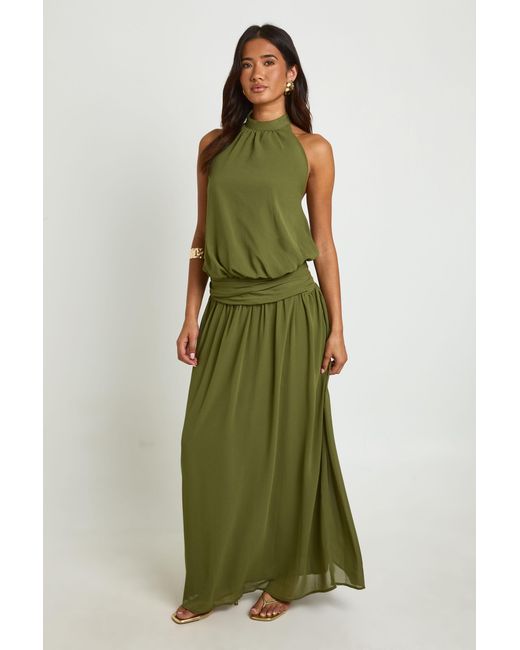 Boohoo Green Chiffon Ruched Drop Waist Halter Neck Maxi Dress