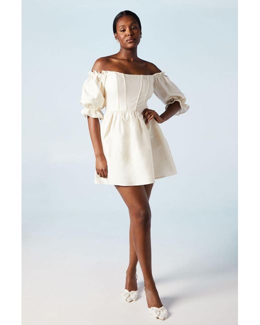 Oasis White Off The Shoulder Puff Sleeve Jacquard Bridal Mini Dress