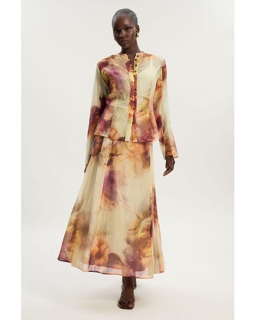 Karen Millen Multicolor Print Crinkle Georgette Woven Midi Skirt Lyocell
