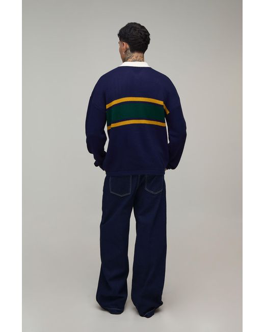 BoohooMAN Blue Tall Relaxed Pique Colour Block Knitted Long Sleeve Polo for men