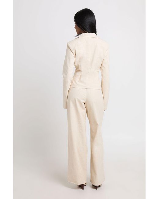 Boohoo Natural Linen Look Wide Leg Tailored Trousers