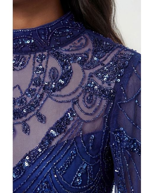 Karen Millen Blue Petite Premium Beaded Embellished Woven Midaxi Cape Dress