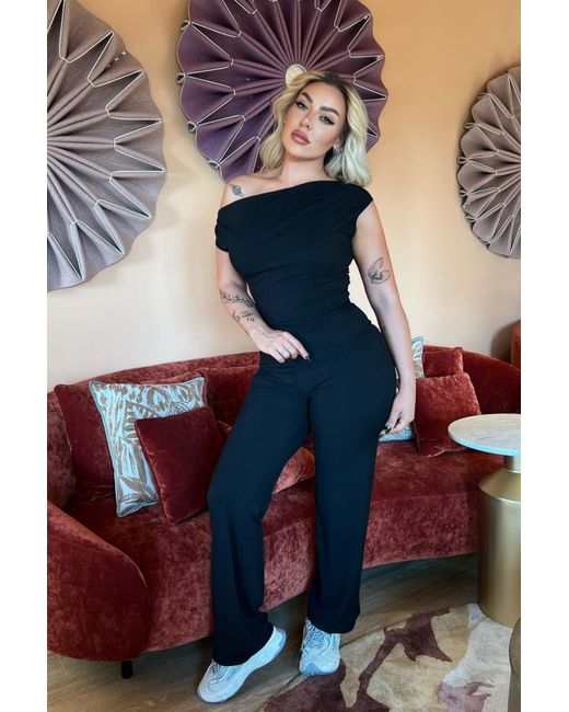 Femme Luxe Blue Ribbed Slash Neck Top With Wide Leg Trouser Loungewear Set
