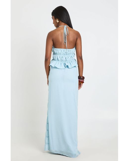 Boohoo Blue Shirred Chiffon Maxi Column Skirt