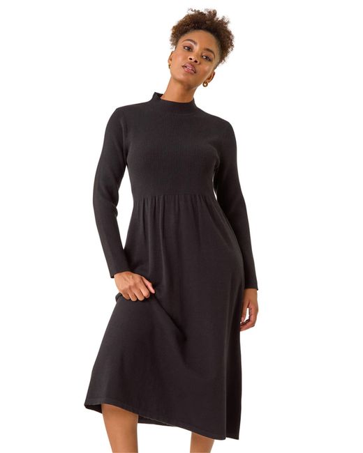 Roman Black Ribbed Knit High Neck Midi Dress