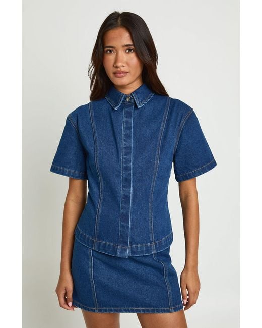 Boohoo Blue Concealed Placket Cinched Denim Shirt