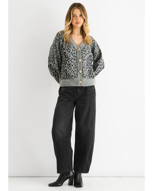 Gini London Gray Tiermuster Wolle-Mix Cardigan Look Pullover