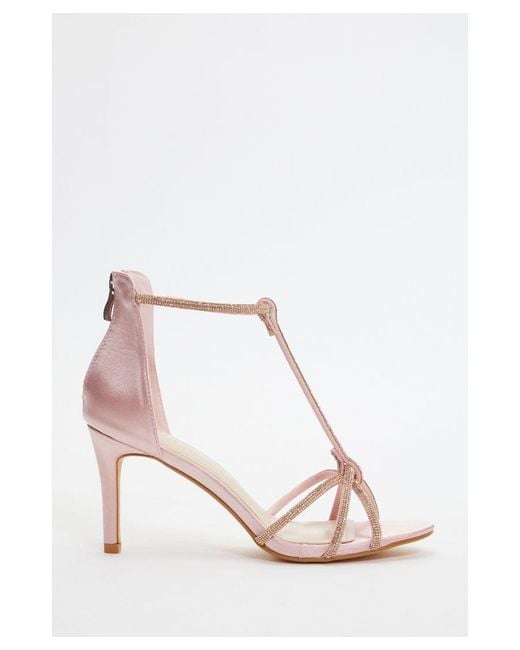 Quiz Pink Satin Diamante Cross Strap Heeled Sandals