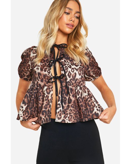 Boohoo Brown Leopard Puff Sleeve Contrast Bow Tie Blouse