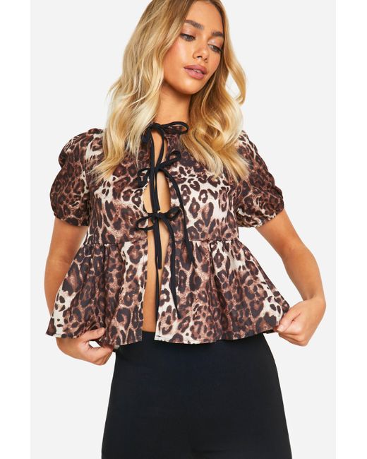 Boohoo Brown Leopard Puff Sleeve Contrast Bow Tie Blouse