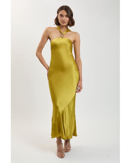 Karen Millen Yellow Viscose Satin Halter Neck Maxi Dress