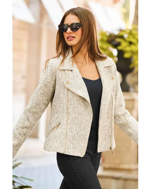 Sosandar White Natural Boucle Biker Jacket With Zip Detail
