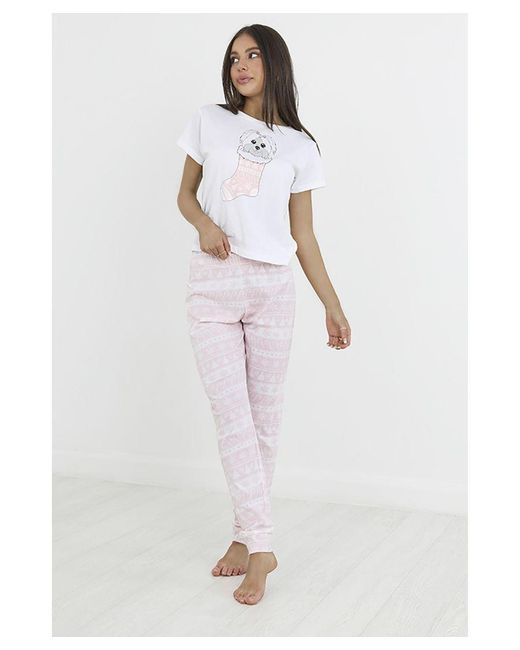 Brave Soul White Pink Cotton 'squish' Christmas Pyjama Set