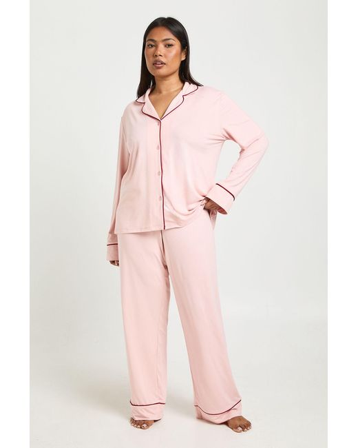 Boohoo Pink Plus Jersey Piping Detail Long Sleeve & Trouser Pyjama Set