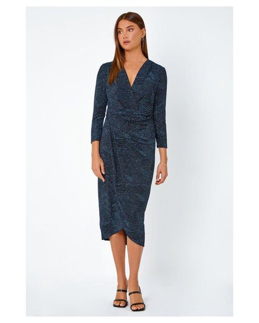 Roman Blue Glitter Print Wrap Midi Stretch Dress