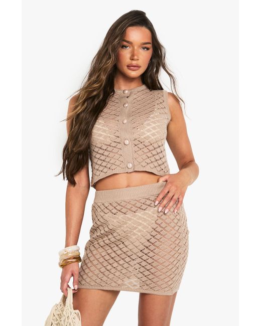 Boohoo Brown Crochet Button Detail Crop Top And Mini Skirt Co-Ord
