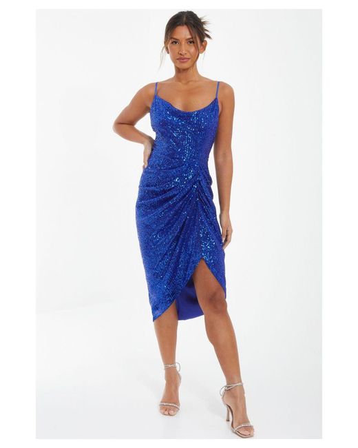 Quiz Blue Royal Sequin Ruched Midi Dress