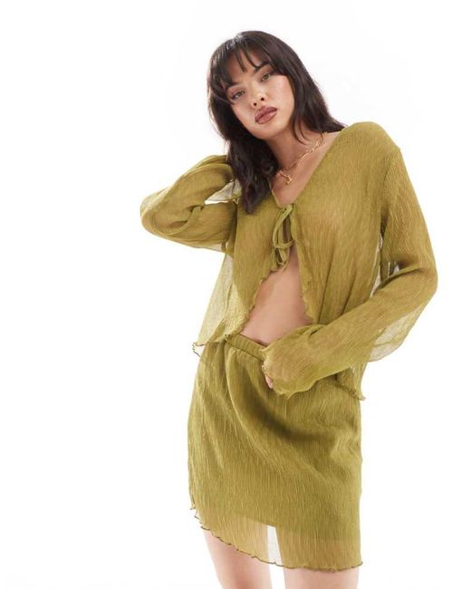 Pieces Green Woven Sheer Plisse Mini Skirt Co-Ord