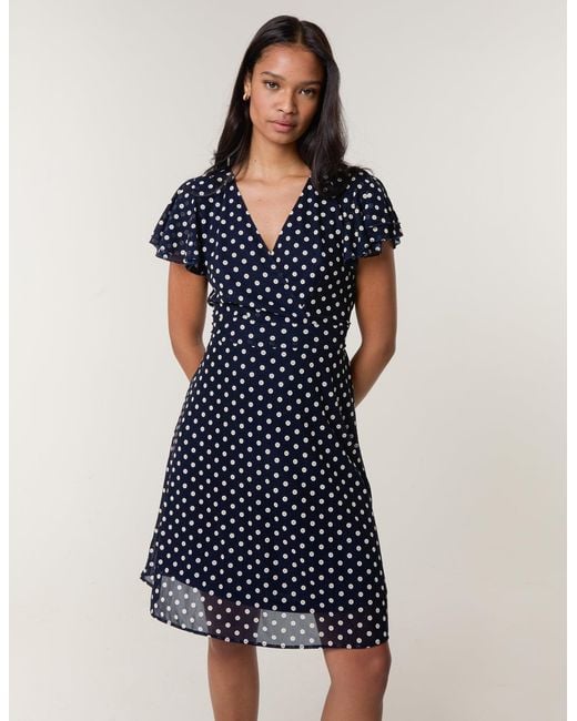 Blue Vanilla Blue Polka Dot Mesh Frill Sleeve Wrap Dress With Tie Waist