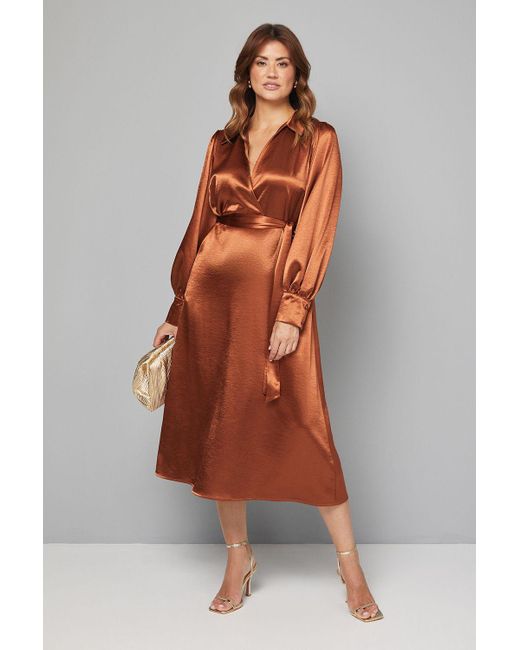 Wallis Brown Satin Collared Tie Waist Midi Dress