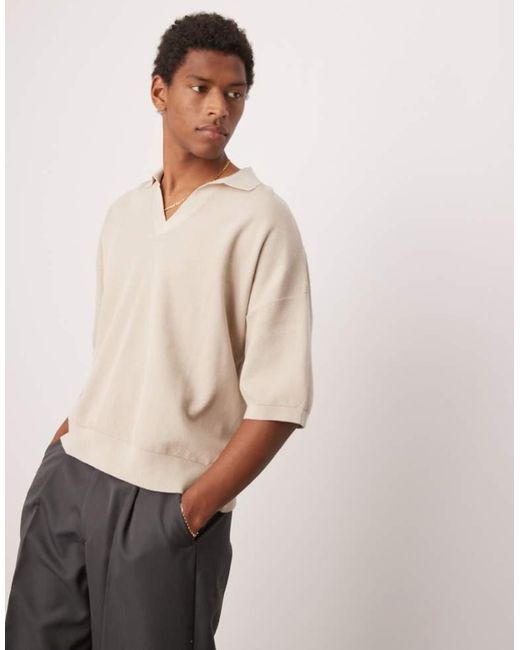 ASOS Natural Oversized Knitted Notch Neck Polo for men