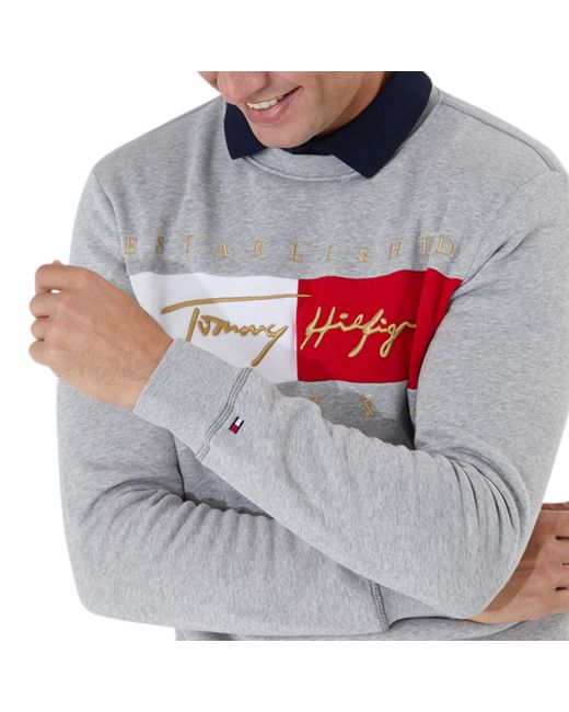 Tommy Hilfiger Gray Sweatshirts Signature Flag Fleece Pullover Crew Neck Jumper for men