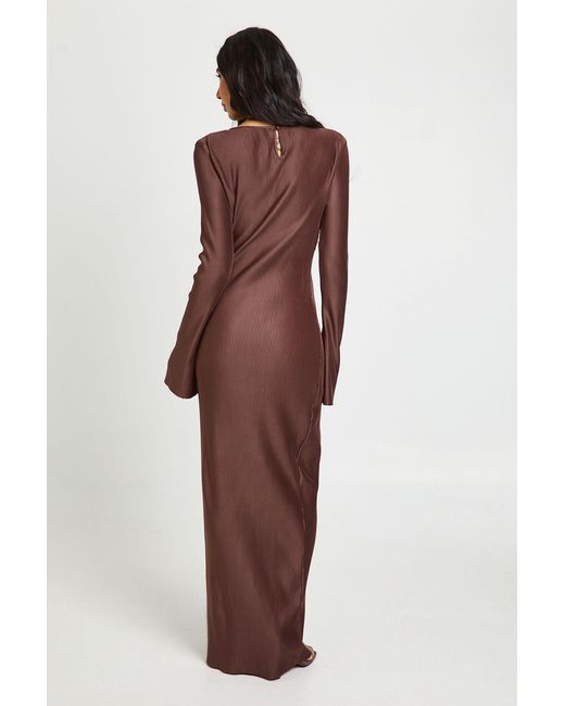 Boohoo Brown Tall Plisse Flared Sleeve Column Maxi Dress
