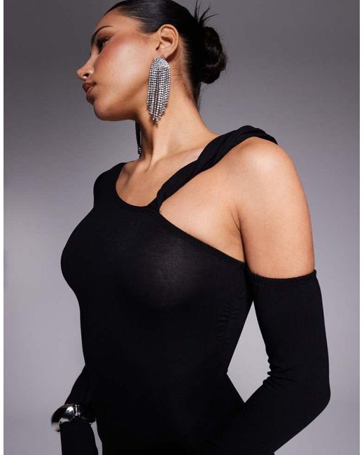 ASOS Black Long Sleeve Asymmetric Neckline Maxi Dress With Twist Strap Detail