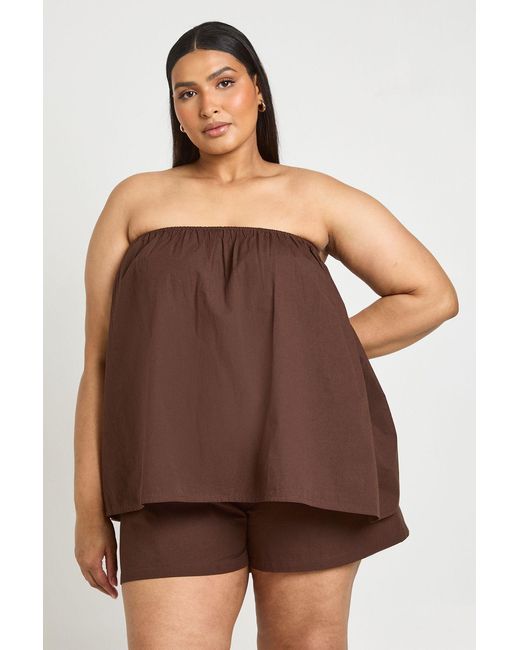 Boohoo Brown Plus Poplin Bandeau Smock Top & Flippy Short